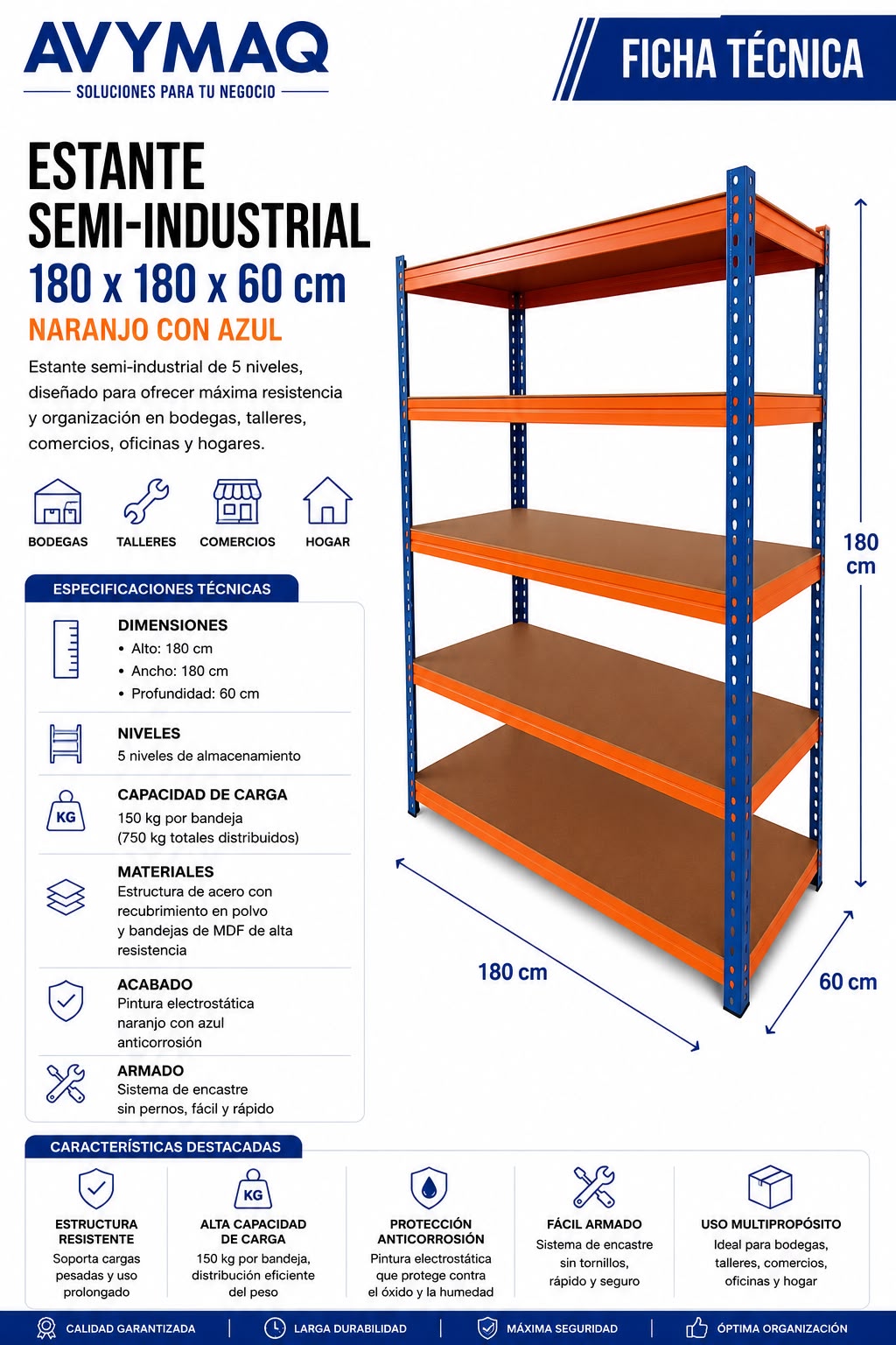 Rack Repisa Madera 180x180x60 cm Naranjo con Azul - Imagen 2