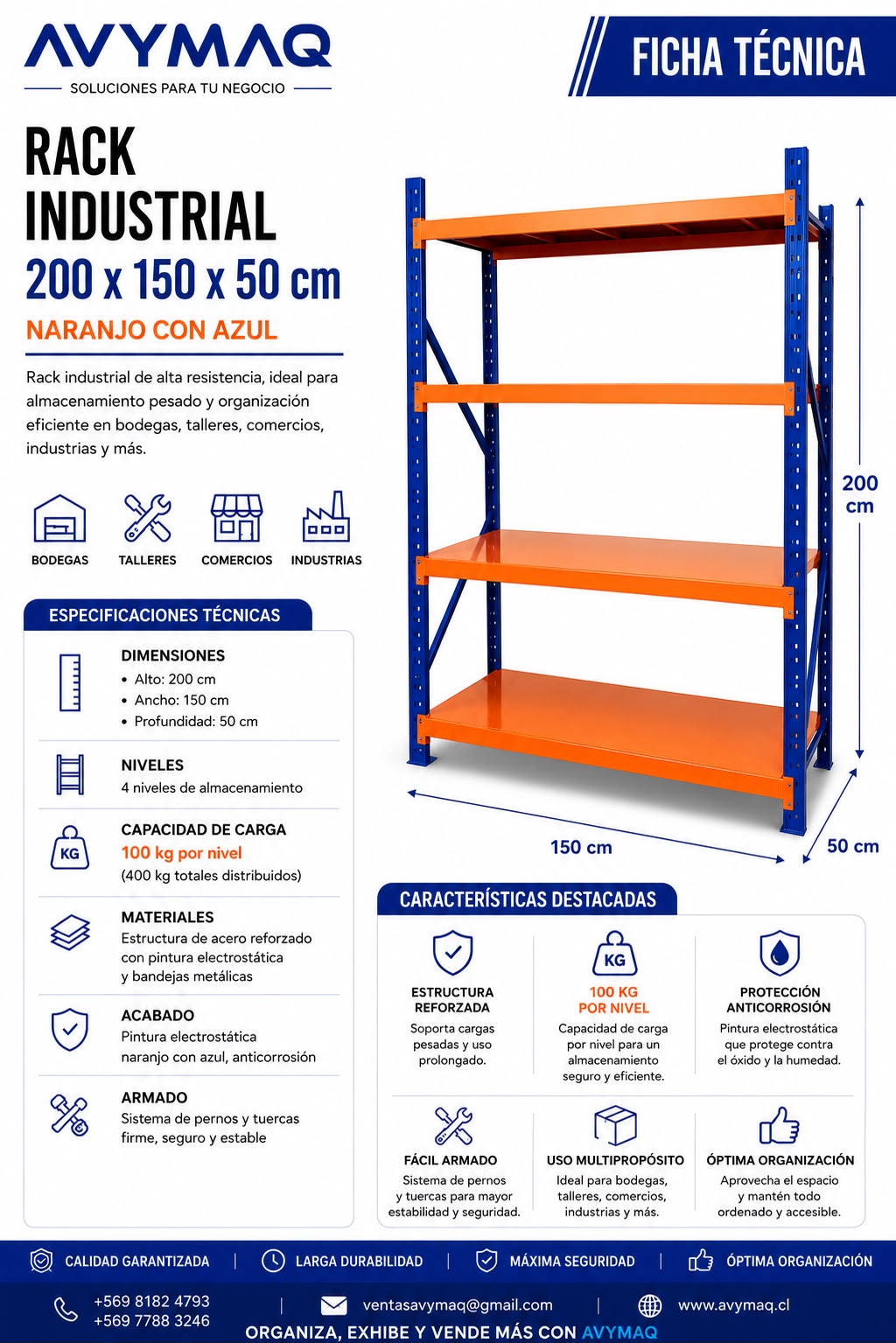 Rack Industrial 200x150x50 cm Naranjo con Azul - Imagen 2