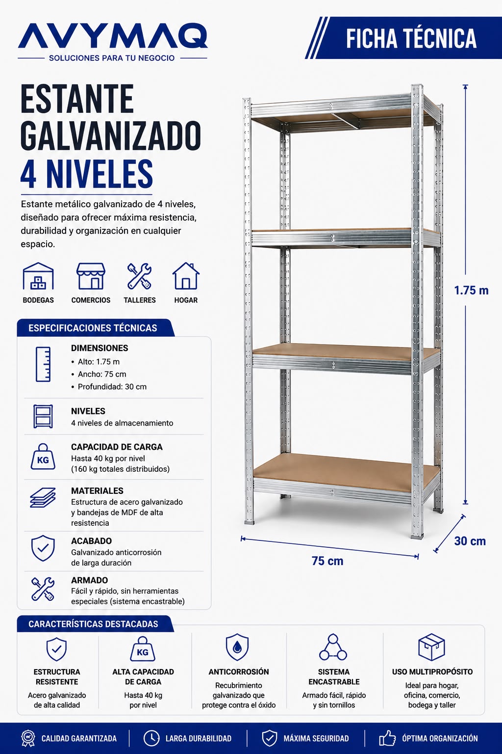 Estante Galvanizado 4 Niveles 1.75 m (alto) x 75 cm (ancho) x 30 cm - Imagen 2